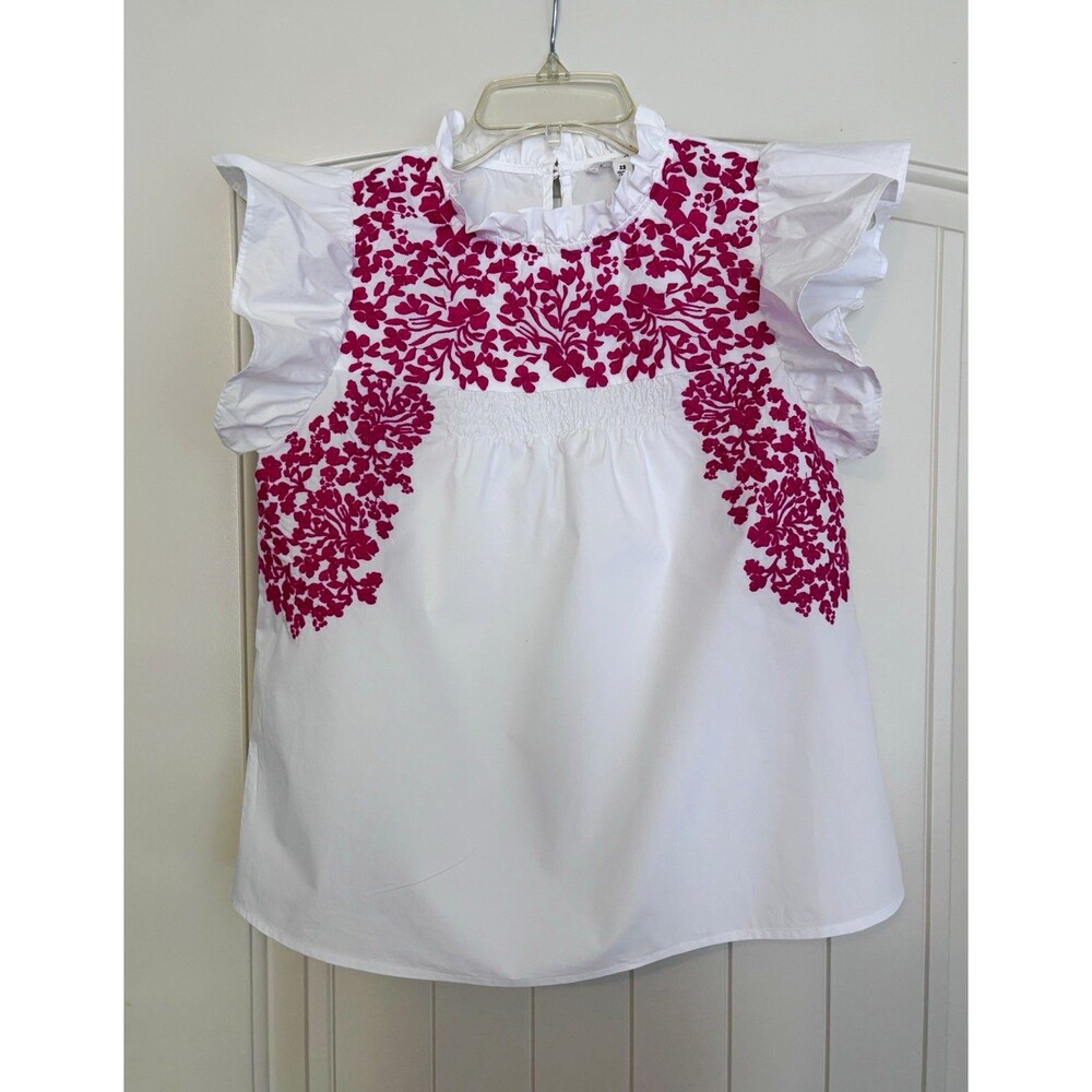 THML Women’s XS White Pink Embroidered Floral Ruffle Sleeve Boho, Blouse